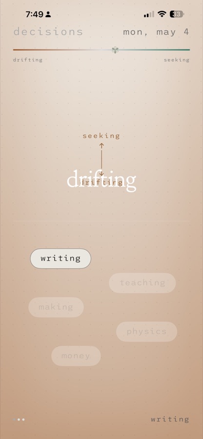 Decisions app screen mid-swipe on 'drifting', terracotta background.